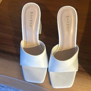 White heels, PETA approved vegan, block heel